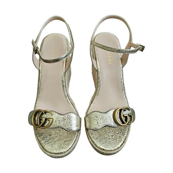 Gucci GG Aitana Marmont Espadrille Wedge Sandal Gold Leather Size 36.5 US 6.5 - Picture 3 of 11